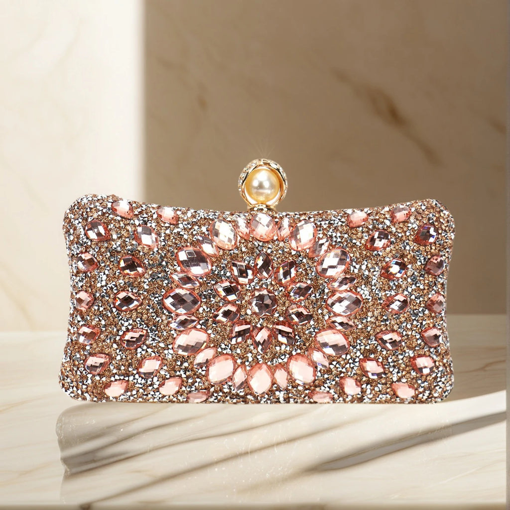 Golden Metal Pearl Rhinestones Glitter Evening Bags Small Lady Prom Dinner Luxury Night Gift Girlfriend Purse Acrylic Diamonds E