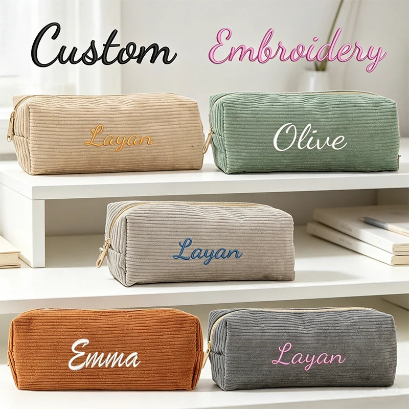 Customised Embroidery/Standard Style 2 Options, Corduroy Cartoon Shark Design Pencil Case, Storage Bag, Back-to-School Season!