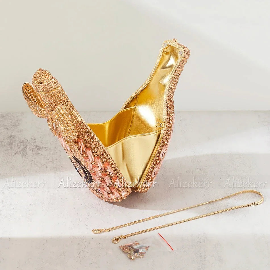 Alizekerr Champagne Bottle Shaped Bow Crystal Evening Bags Women Gorgeous Unique Bling Diamond Metal Clutch Purses Wedding Party