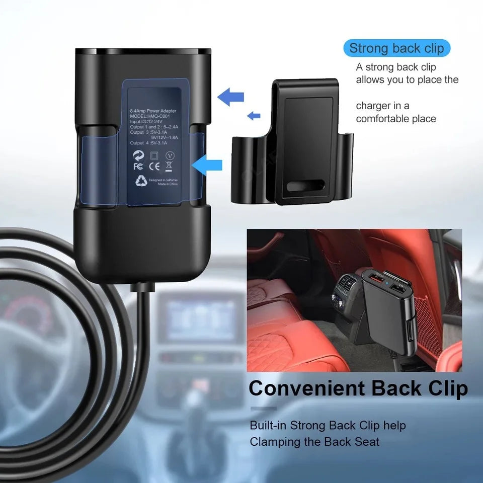 Universal 4-Port Fast Car Charger 8A 40W USB Adapter with Extension Back Seat Hub and Clip For iPhone 17 16 Pro Max For Samsung