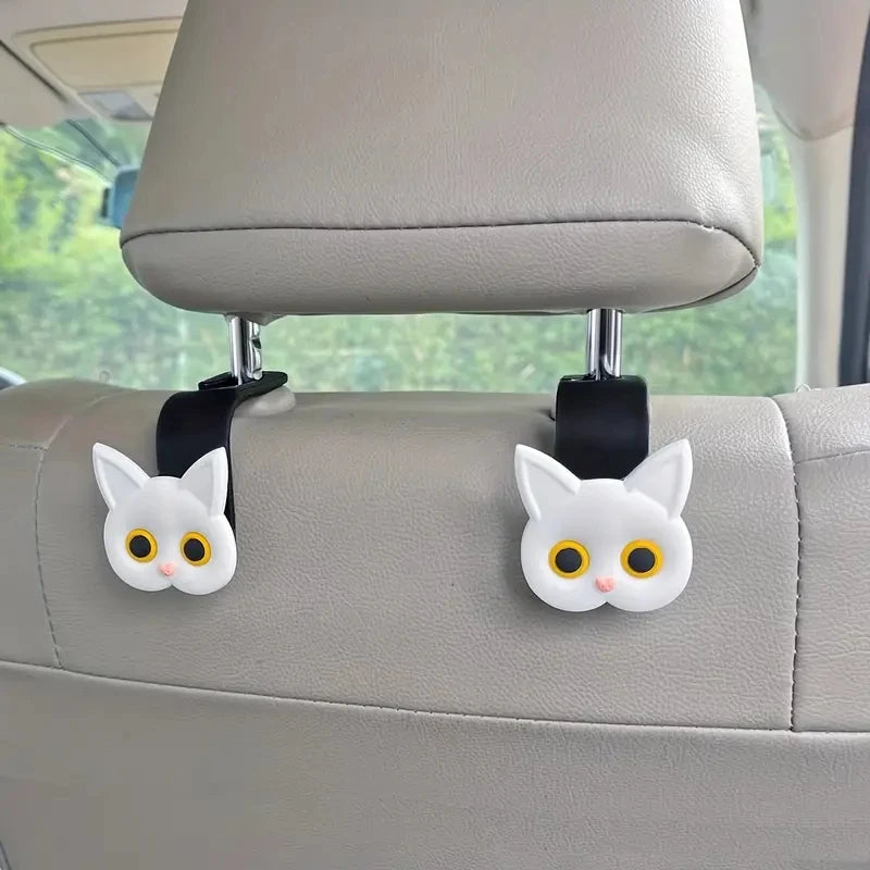 Creative 2pcs Adorable 3D Cartoon Cat Car Seat Headrest Hooks - Universal Vehicle Storage Organizer For Handbags Purses Coats