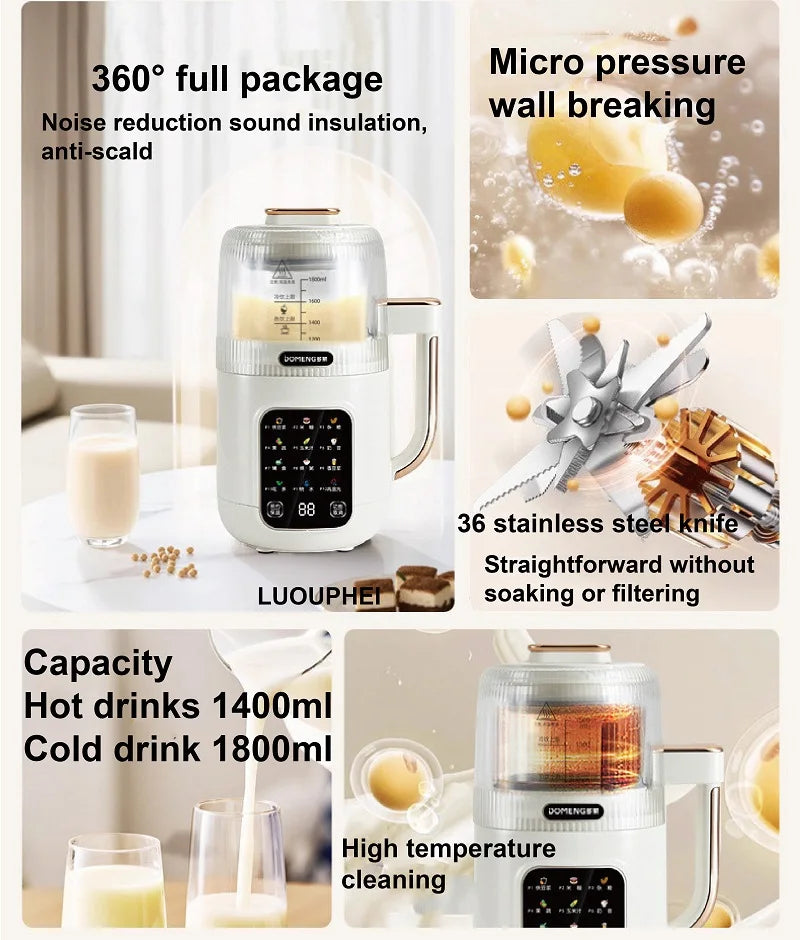 1.8L Soy Milk Machine Electric Juicer Multifunctional Wall Breaking Machine Kitchen Auto No Cook Heating Rice Paste Machine 710W
