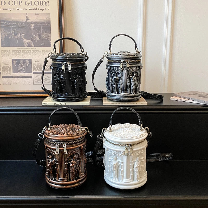 Baroque Style 3d Embossed Bucket Bag Creative Sculptural Cylinder Handbag Unique Retro Artistic Design Crossbody Purse For Women