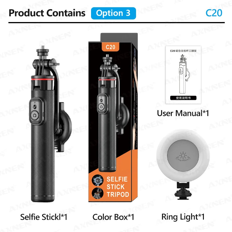 AXNEN C20 Magnetic Selfie Stick Tripod Extendable for Cellphone Shooting with Remote 1/4" Thread for Action Camera Ring Light