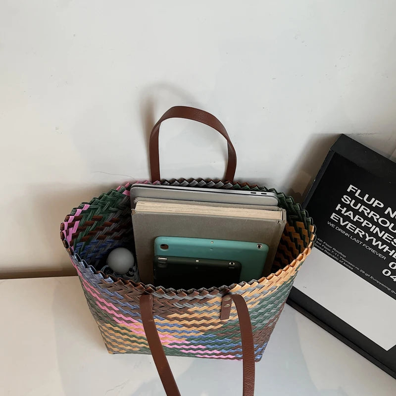 MOODS Braided Bucket Tote Bags For Women PVC Woven Design Colorful Fruit Basket Bag Big Capcity Shopper Tote 2025 Latest Handbag