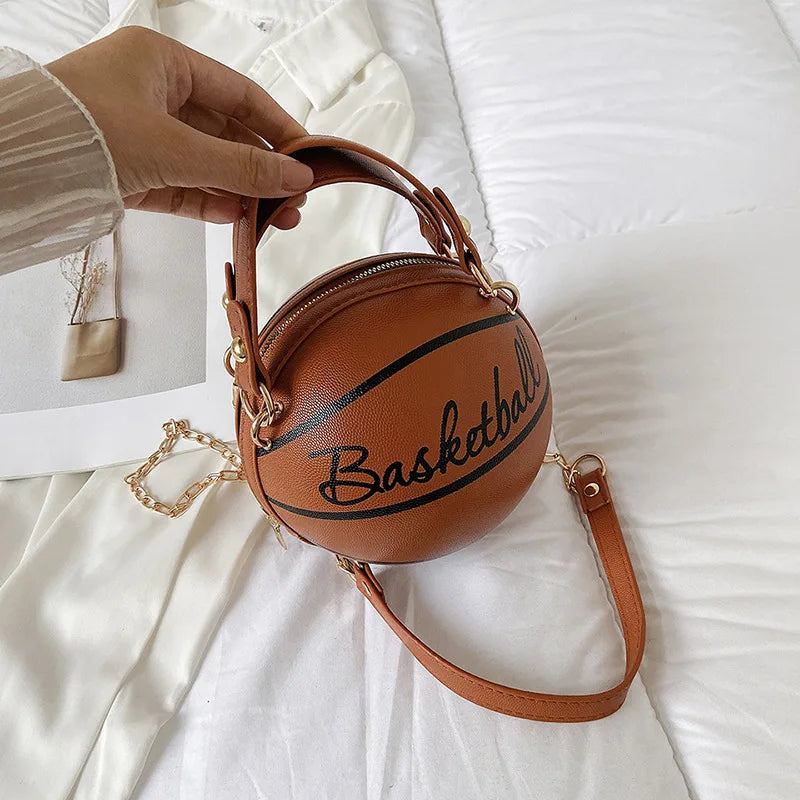 Basketball Shaped Crossbody Bag, Trendy Y2K Chain Shoulder Bag, PU Leather Top Handle Circle Purse Purses and Handbags Hand Bags