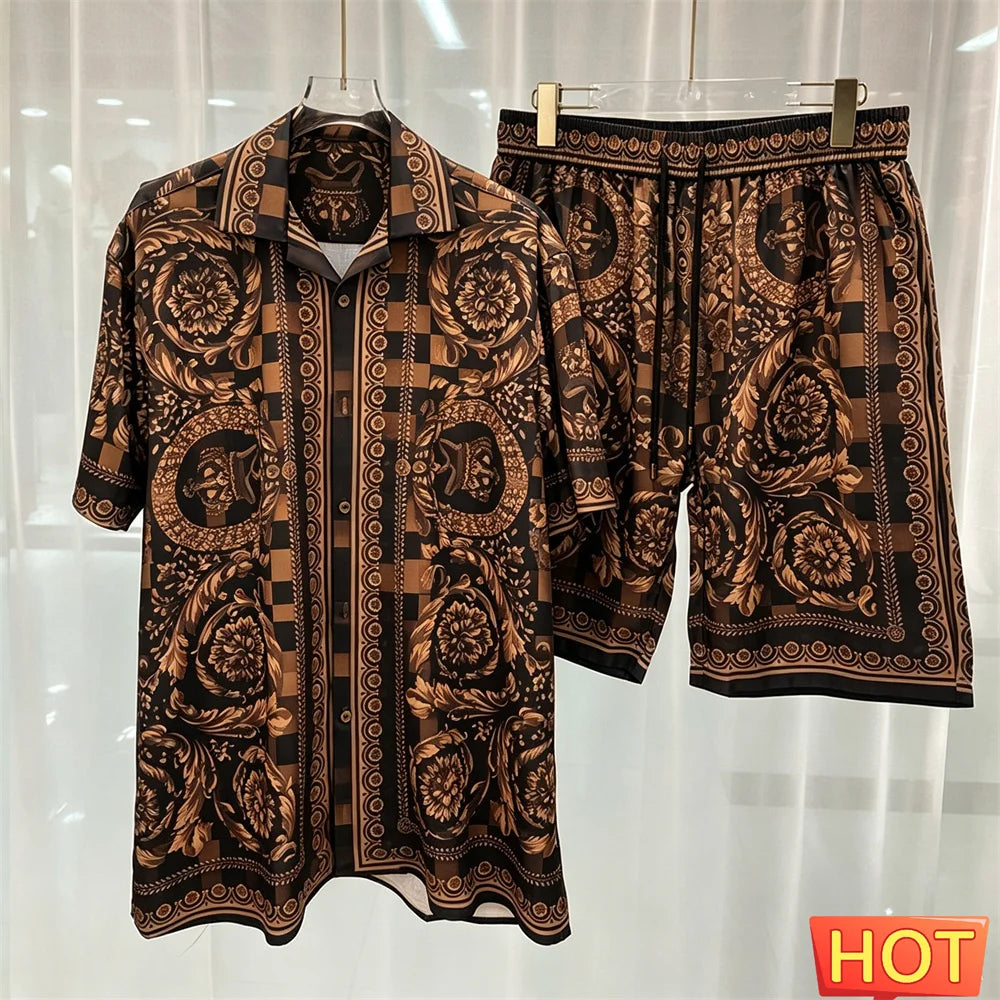 Gradient Leisure vacation two-piece set Summer mens shirt set men's matching sets menswear clothing Two piece shorts shirt sets