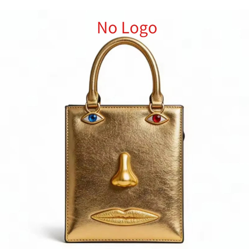 Face Bag Women High Quality Black Leather Luxury Brands Handbag Jewelry Eyes Gold-tone Metal Shoulder Strap Crossbody Bags