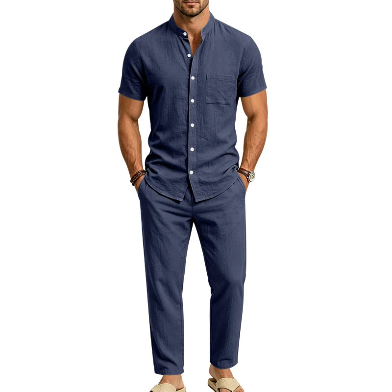 Men's Linen Popular Breathable Simple Two-Piece Set, Stand Collar Short-Sleeve Shirt with Straight-Leg Casual Pants