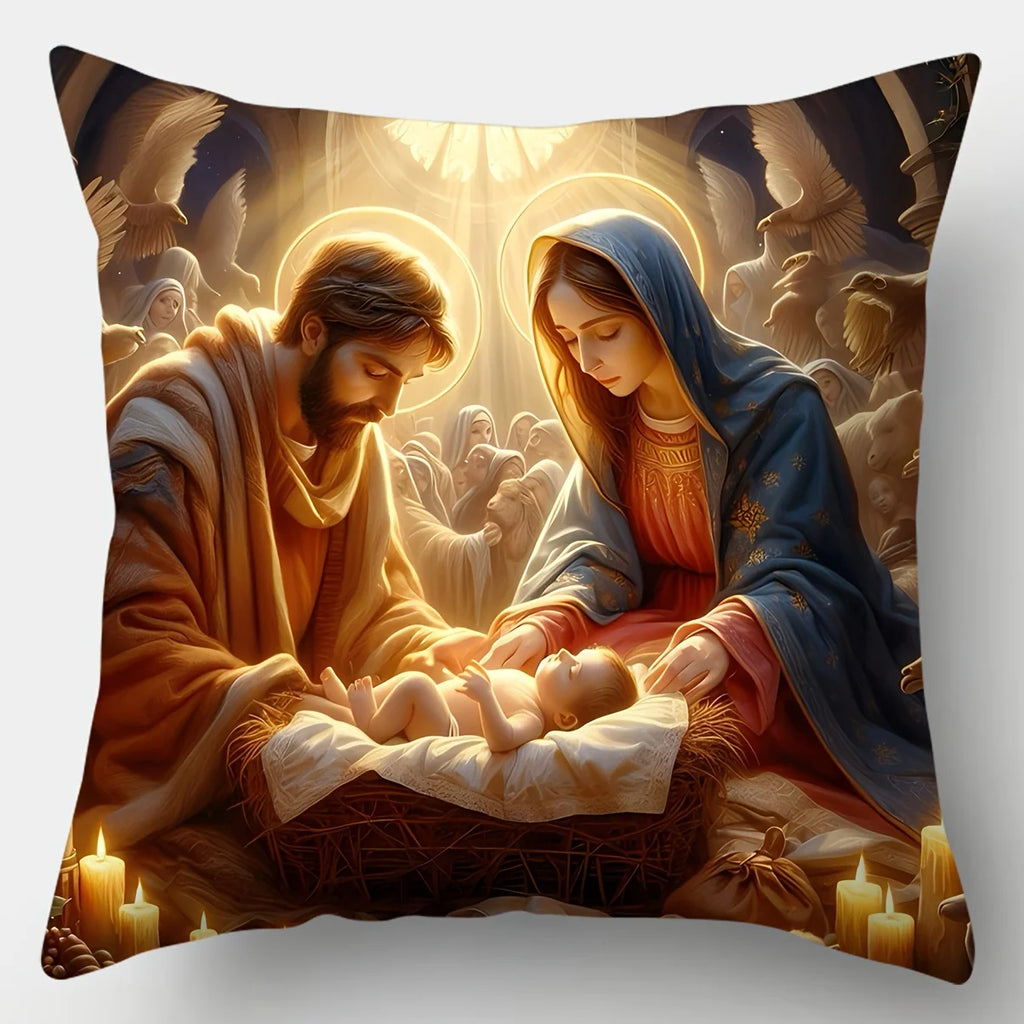4Pcs Traditional Christmas Pillow Covers - Cozy Nativity Scene with Jesus, Ox Sheep Pattern,Woven Polyester for Living Room Home