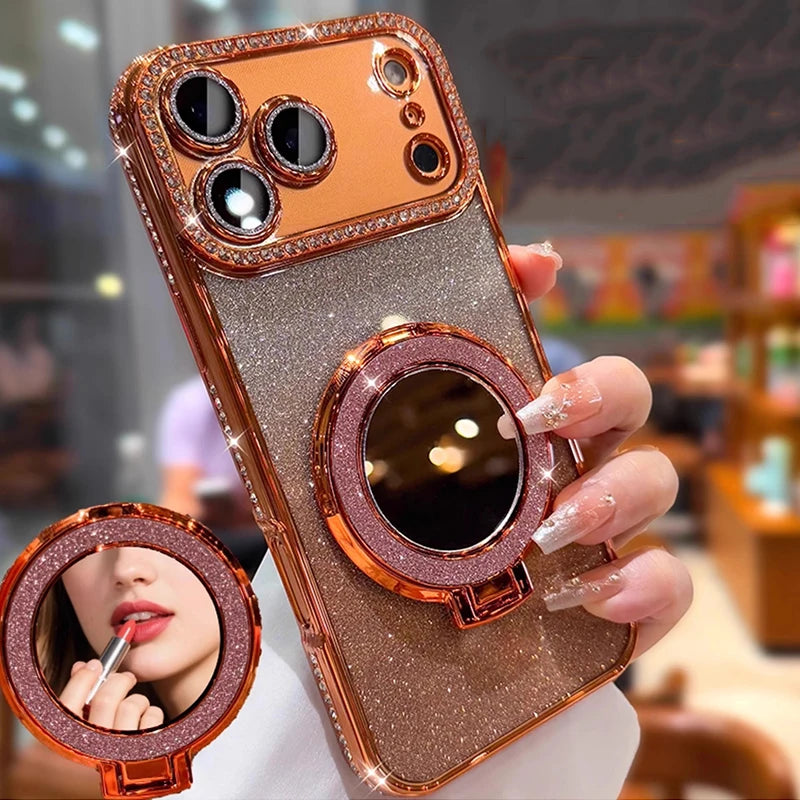Gradient Glitter Diamond Magnetic Case For iPhone 17 16 15 14 13 12 11 ProMax Plus For Magsafe Mirror Stand Cover For iPhone Air