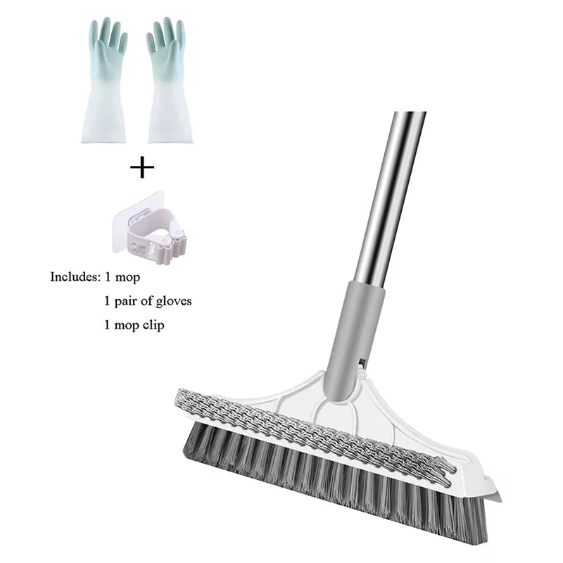 Scrub Brush Tile Cleaner Brush with Scraper with Squeeze 3-Section Adjustable Bathroom Brush with Long Handle V-Shaped Bristles