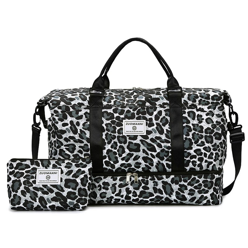 2pcs Set - Large Capacity Travel Duffel Bag with Shoe Compartment and Cosmetic Pouch Casual Nylon Gym Bag Weekend Overnight Bag