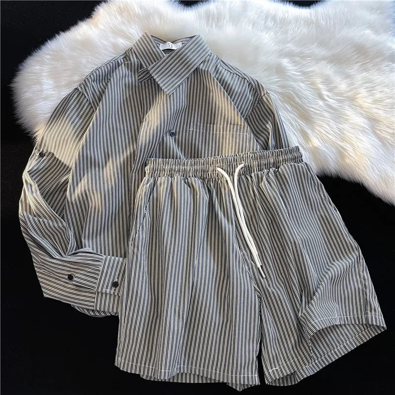 Summer Street Style Men's Striped Loose Long Sleeve Shirt And Shorts Set High Waist Design Trendy Cotton Polyester Blend Casu...
