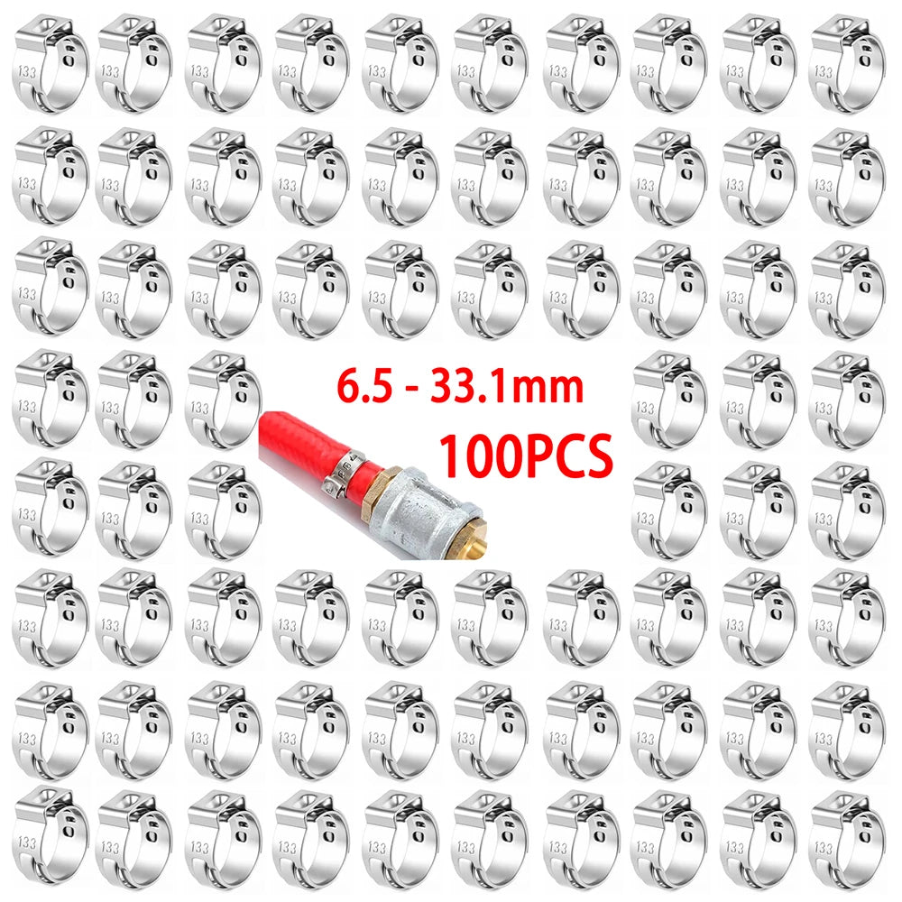 100pcs Single Ear Hose Clamp 6.5-33.1mm Hose Clamps Crimp Ring 304 Stainless Steel Pinch Clamp for Pex Tubing Pipe Automotive