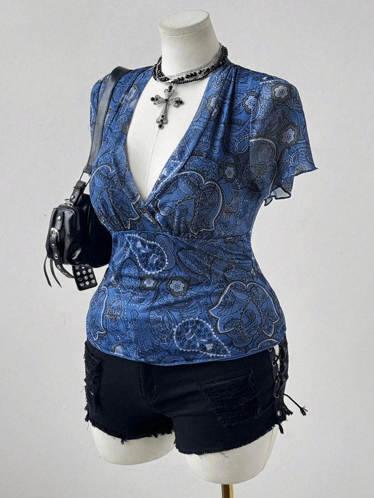 New Plus Size Paisley Print Deep V-Neck Slim Waist Short Flutter Sleeves Top Blue-Black Retro Y2K Clothes Big Size Women T-Shirt