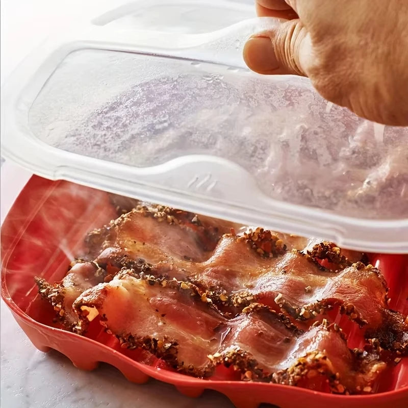 Microwave Bacon Tray with Splatter Lid Safety Quick and with No Mess Pizza Tray in Few Minutes Efficient Food Prep Kitchen Tools