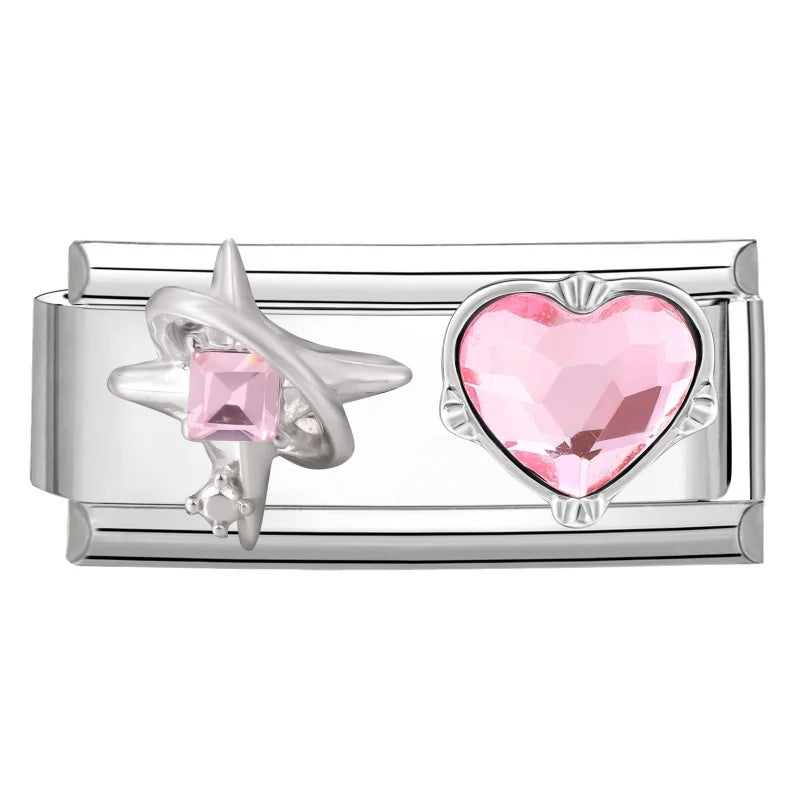 Y2K Zircon Pink Heart Star Butterfly Bow Long Italian Charm Link Fit 9mm Bracelet Stainless Steel Women DIY Making Jewelry Gifts