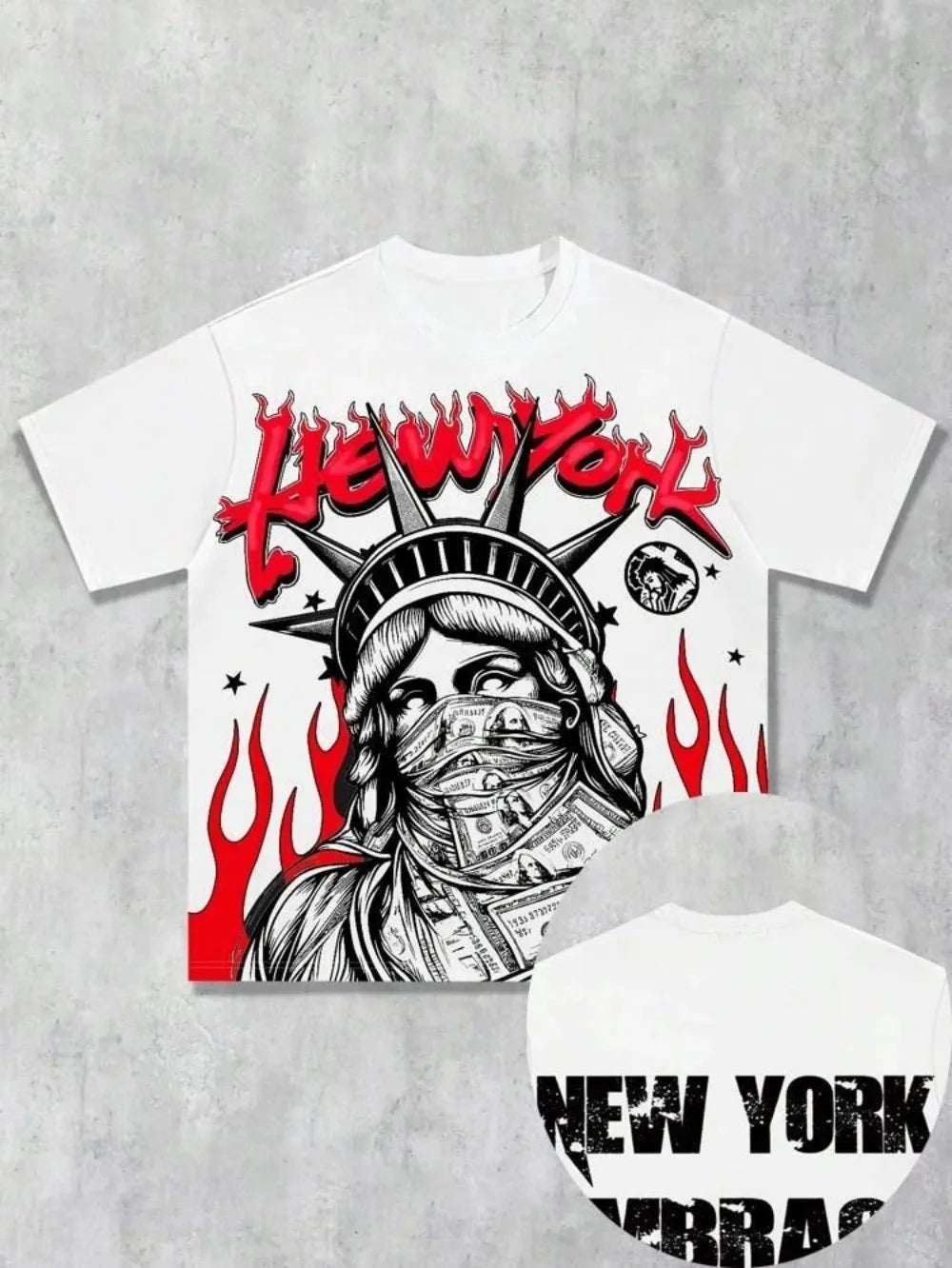 New Men's Summer Statue of Liberty Printed Comfortable Breathable Round Neck T-shirt Drawstring Shorts Set Outdoor Street Wear