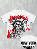 New Men's Summer Statue of Liberty Printed Comfortable Breathable Round Neck T-shirt Drawstring Shorts Set Outdoor Street Wear