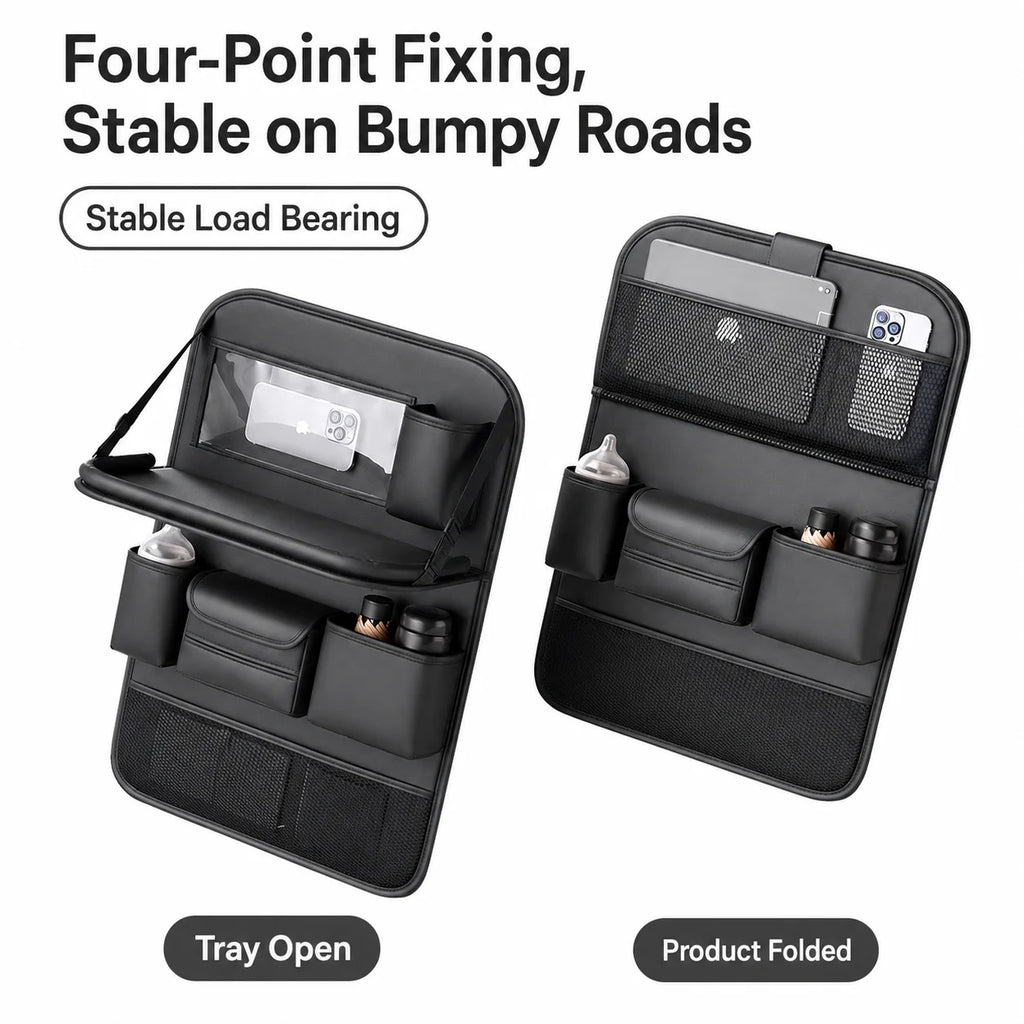 Car Seat Back Organizer with Kids Folding Tray Table, Hanging Storage Bag for Back Seat Travel Dining Desk