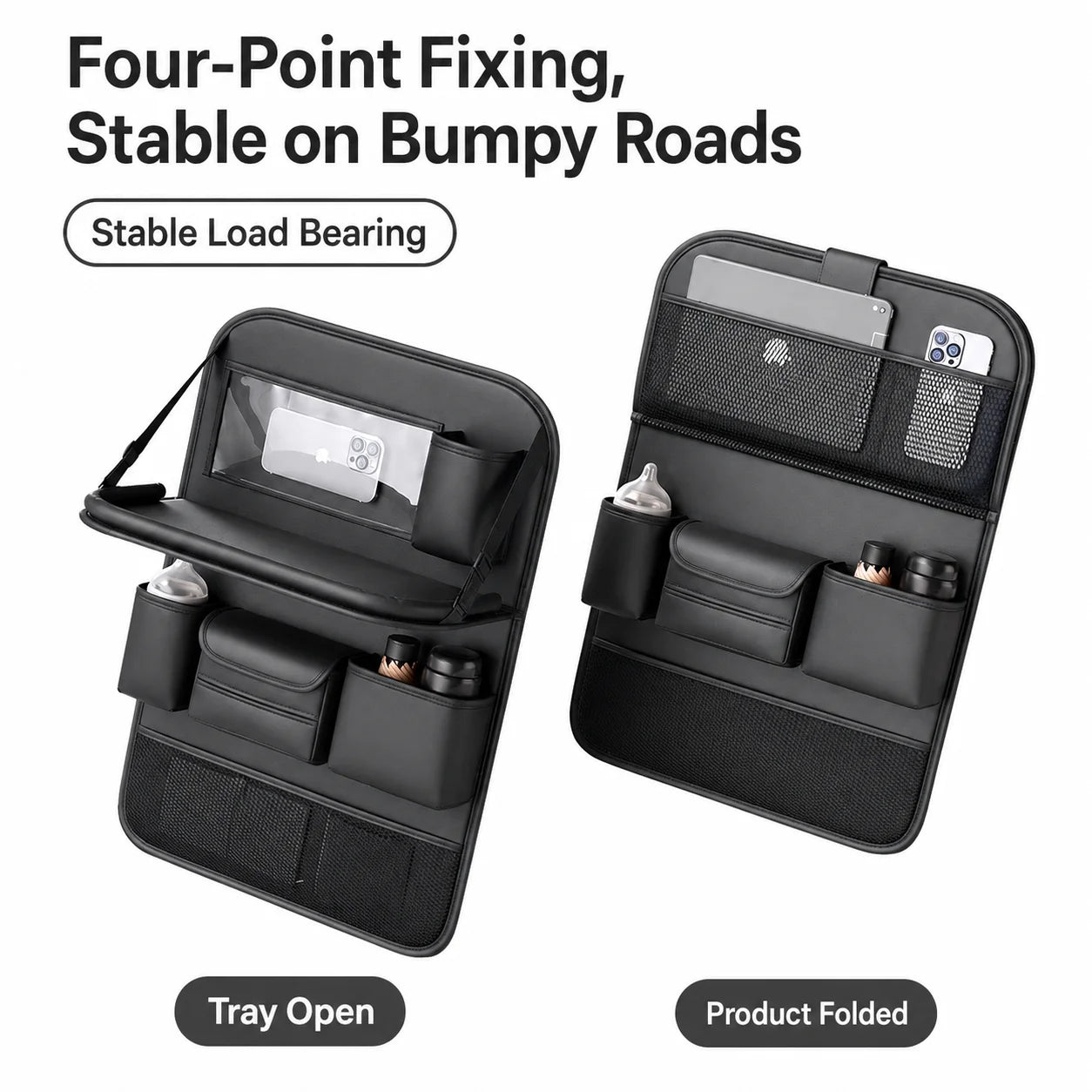 Car Seat Back Organizer with Kids Folding Tray Table, Hanging Storage Bag for Back Seat Travel Dining Desk