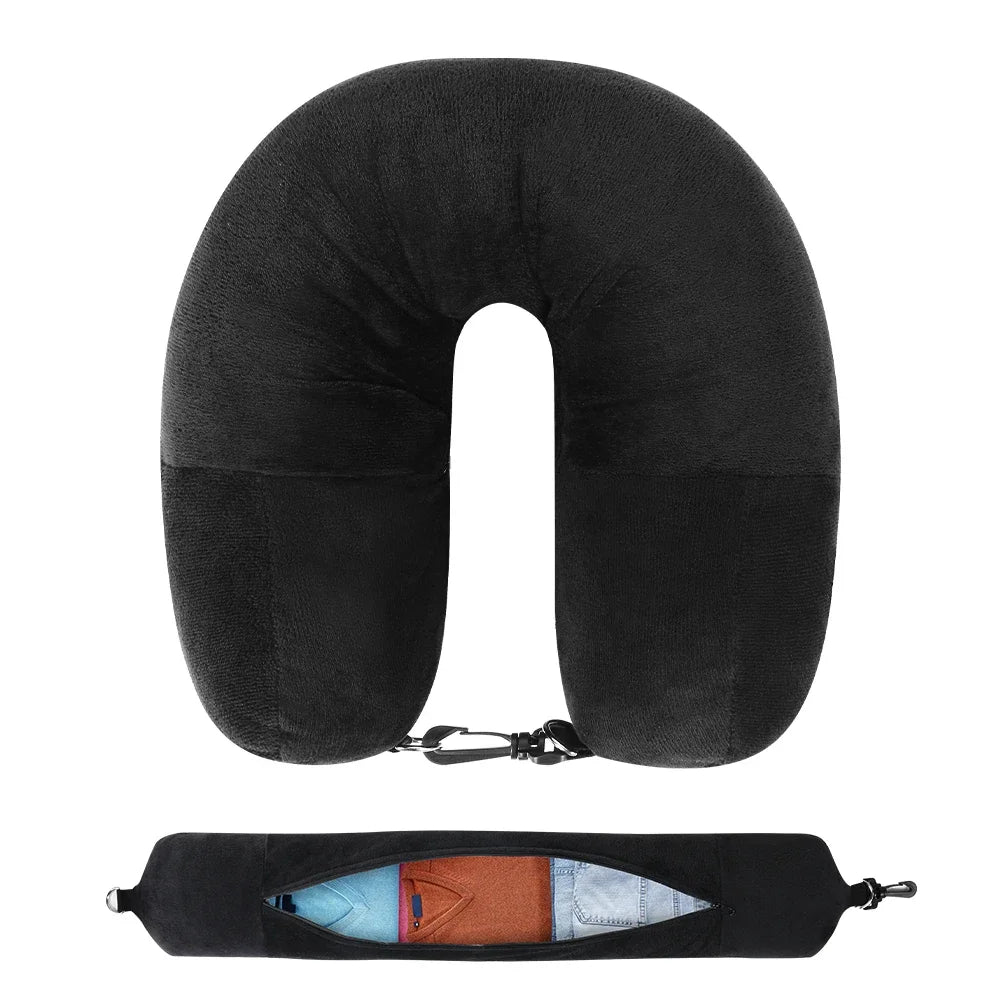 U-Shaped Pillowcase Travel Neck Pillow with Fillable Clothing, Extra Storage Bag, Velvet Neck Pillow Cover for Airplane Travel