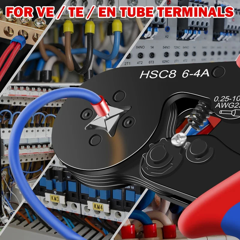 HSC8 6-4A Ferrule Crimper Plier 0.25-10mm² AWG23-7, Self-Adjustable Ratchet Crimping Tool for Wire End Ferrules