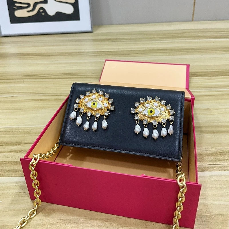 Luxury Designer Clutch Evening Bag Female High Quality Eye Motif Pearl Tassel Crystal Chain-Link Accents Elegant Shoulder Bag