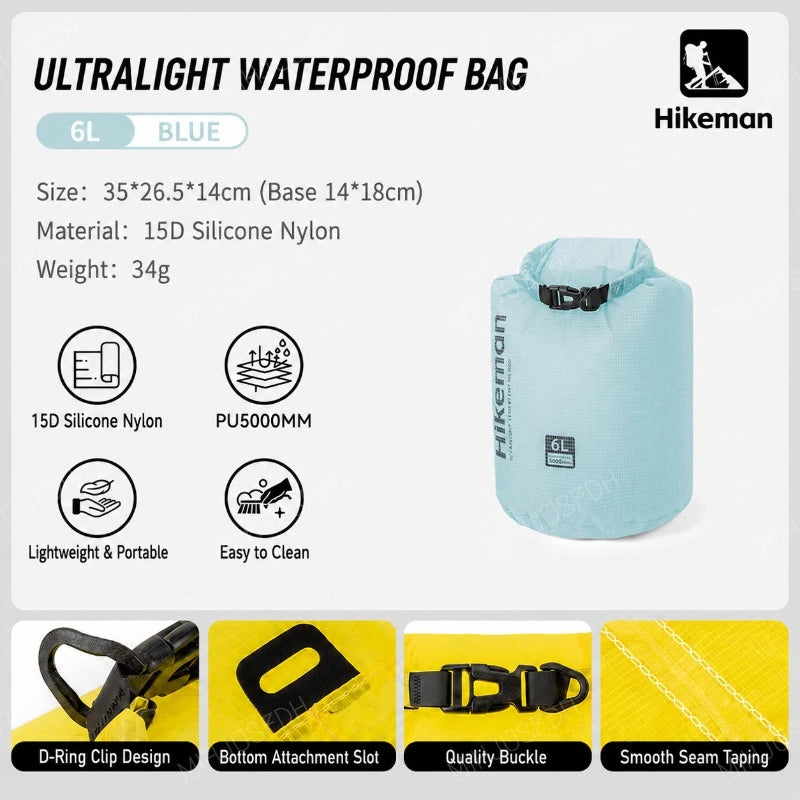 HIKEMAN Ultralight Waterproof Dry Bag Outdoor Storage Sack 15D Silicone Nylon 6L 10L 16L for Camping Hiking Travel and Swimming