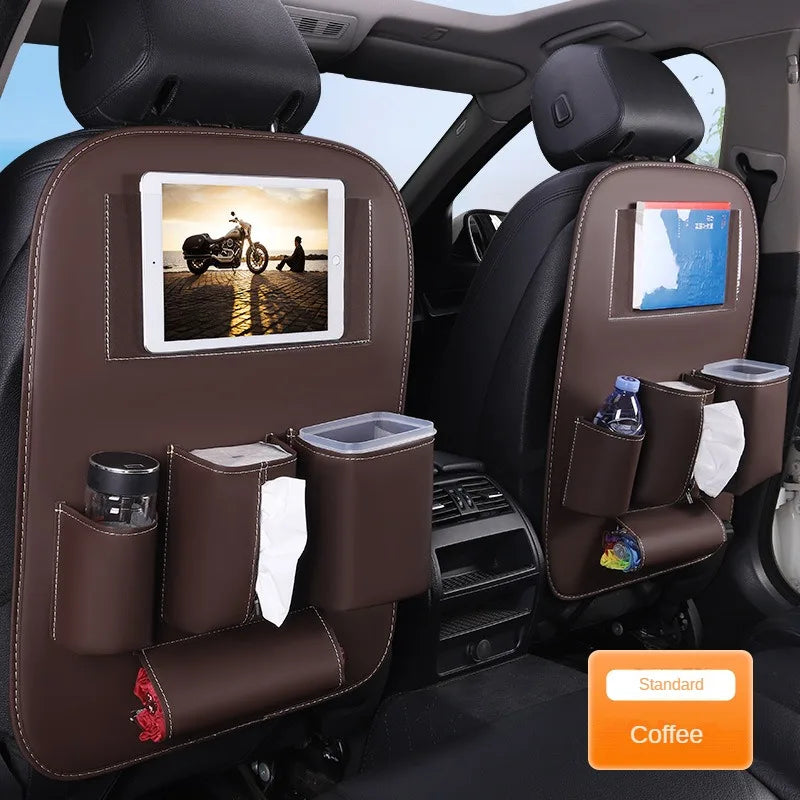 Car Seat Back Organizer With Foldable Table Tray Leather Auto Backseat Hanging Tissue Cup Holder Pockets Trash Can Bin Storage