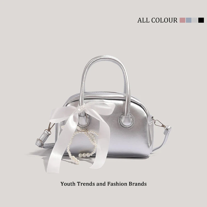 Sweet Mini Boston Bag Women Fashion Pearl Pendant Bow Shoulder Bag Casual Handbag