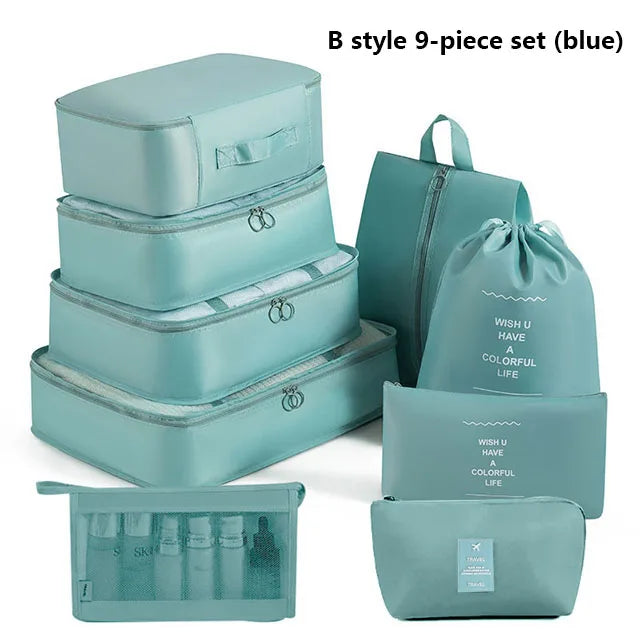 9Pcs Travel Packing Cubes Set Waterproof Luggage Organizer with Drawstring Pouches for Clothes Shoes Cosmetics Underwear - Suitc