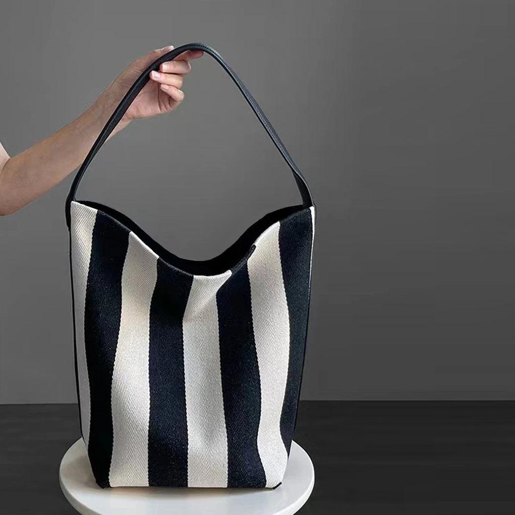 Black and white striped tote bag large capacity women's canvas commuting bag simple and casual shoulder bag Korean Handbag