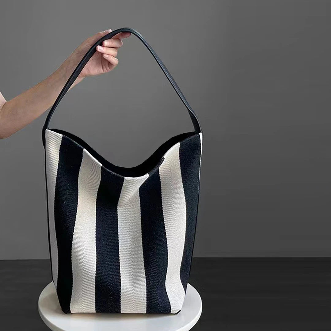 Black and white striped tote bag large capacity women's canvas commuting bag simple and casual shoulder bag Korean Handbag