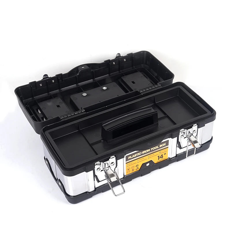 14 Inch Stainless Iron-Plastic Tool Box with Handle, Multi-functional with Compartments Toolbox, Storage Box