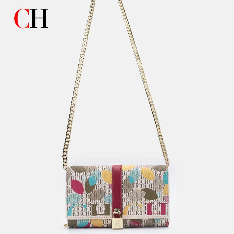 CH Ladies Shoulder Handbag Allover Camouflage Print Metal Chain Crossbody Purse Lock Closure Flap Female Evening Clutch Bag