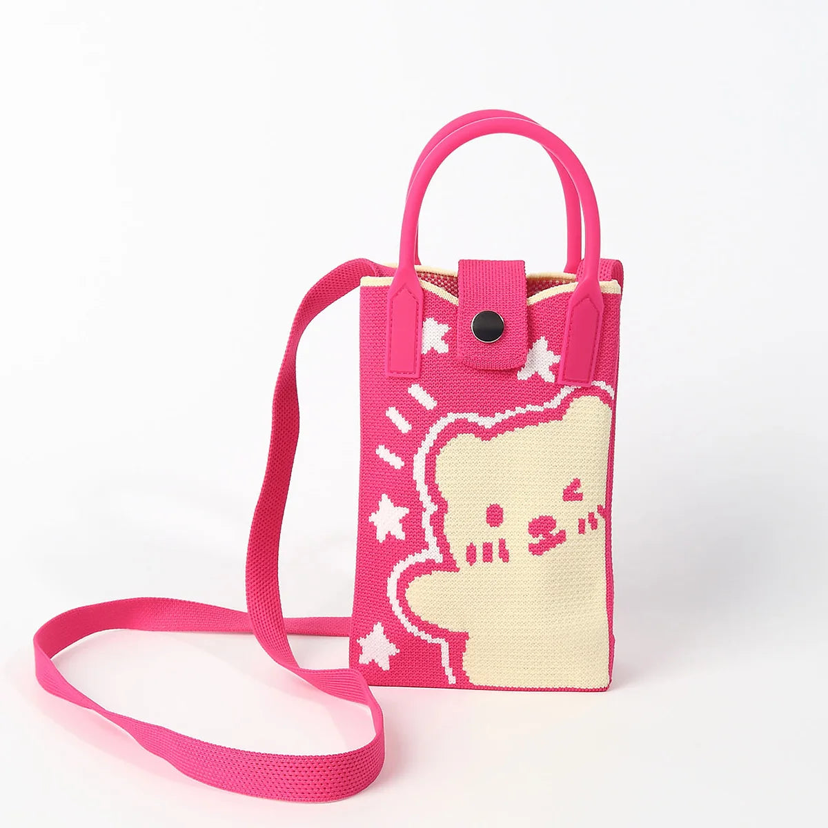 Cute and Cute Bear Knitted Satchel Cross-Body Mobile Phone Bag, Soft and Lightweight Cotton-Filled Satchel, Easy to Carry, Suitable for Commuting, Traveling and Shopping, Carrying Mobile Phones, Keys, Change and Other Small I