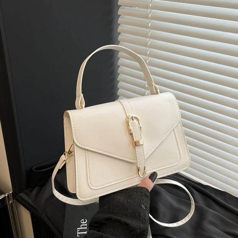 Fashion Beige Women Top Handle Bags, Minimalist Satchel Shoulder Purse with Buckle Detail, Elegant Work Daily Crossbody Bag