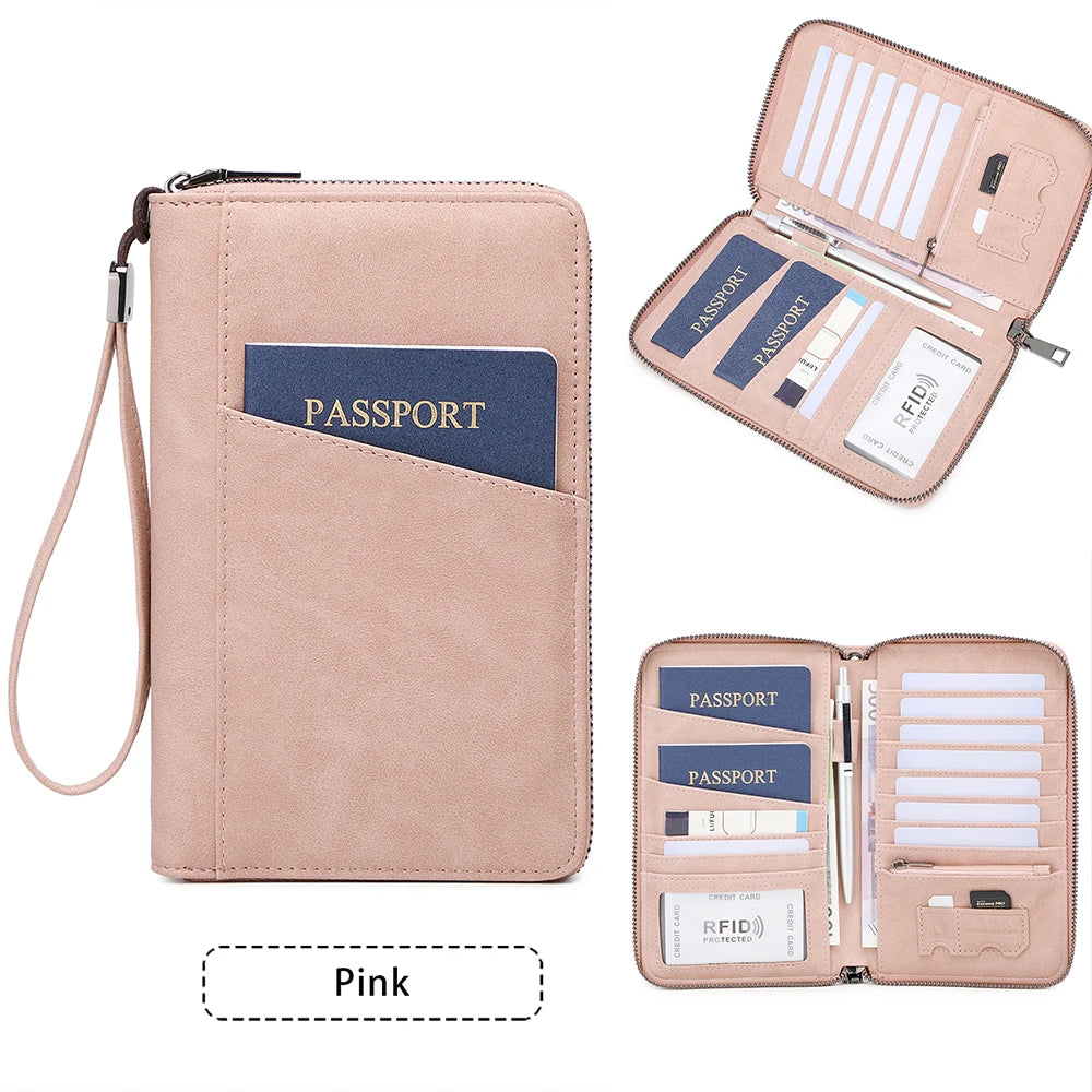 Multi-Functional RFID Blocking Passport Bag Travel Document Holder with Long Zipper Ticket Storage Wallet for Multiple Passports