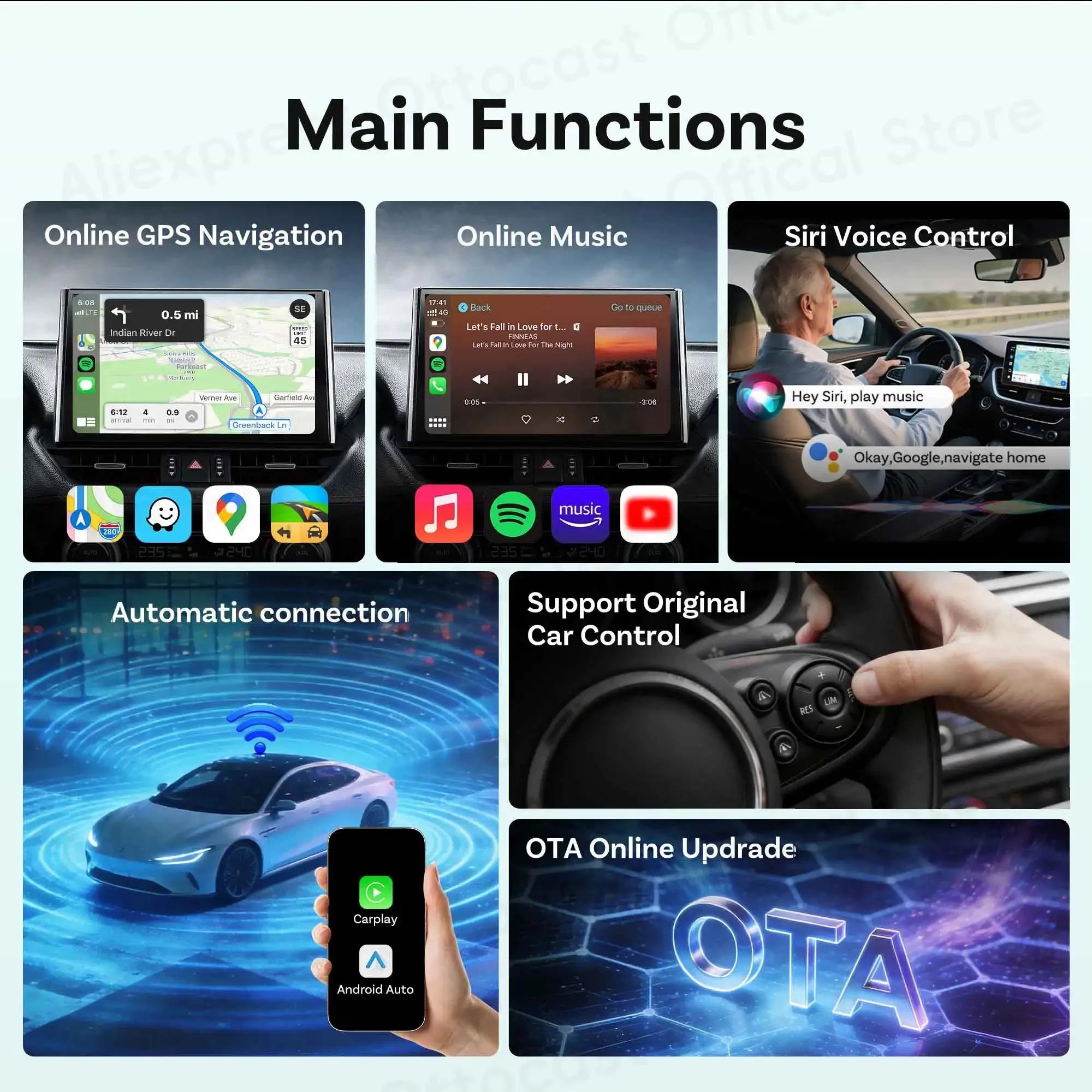 OTTOCAST Mini Nova Adapter 3.0 Wireless CarPlay Android Auto Bluetooth WiFi Car Accessories for Toyota VW Ford Chevrolet Hyundai