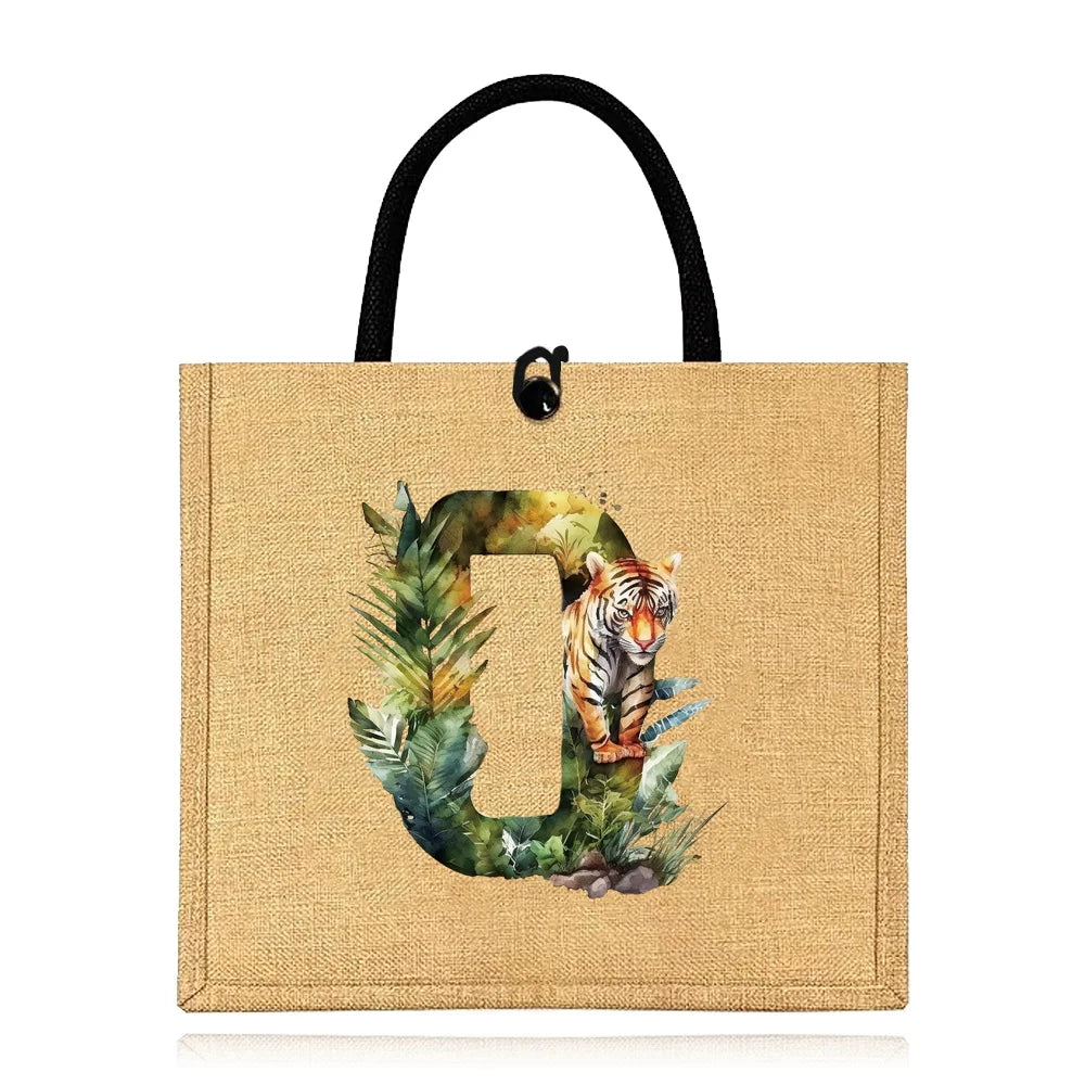 Flax Bag Fastener Handbag Organizer Storage Jute Tote Bags Imitation Cotton Women Valise Portable Jungle Tiger Printing Series