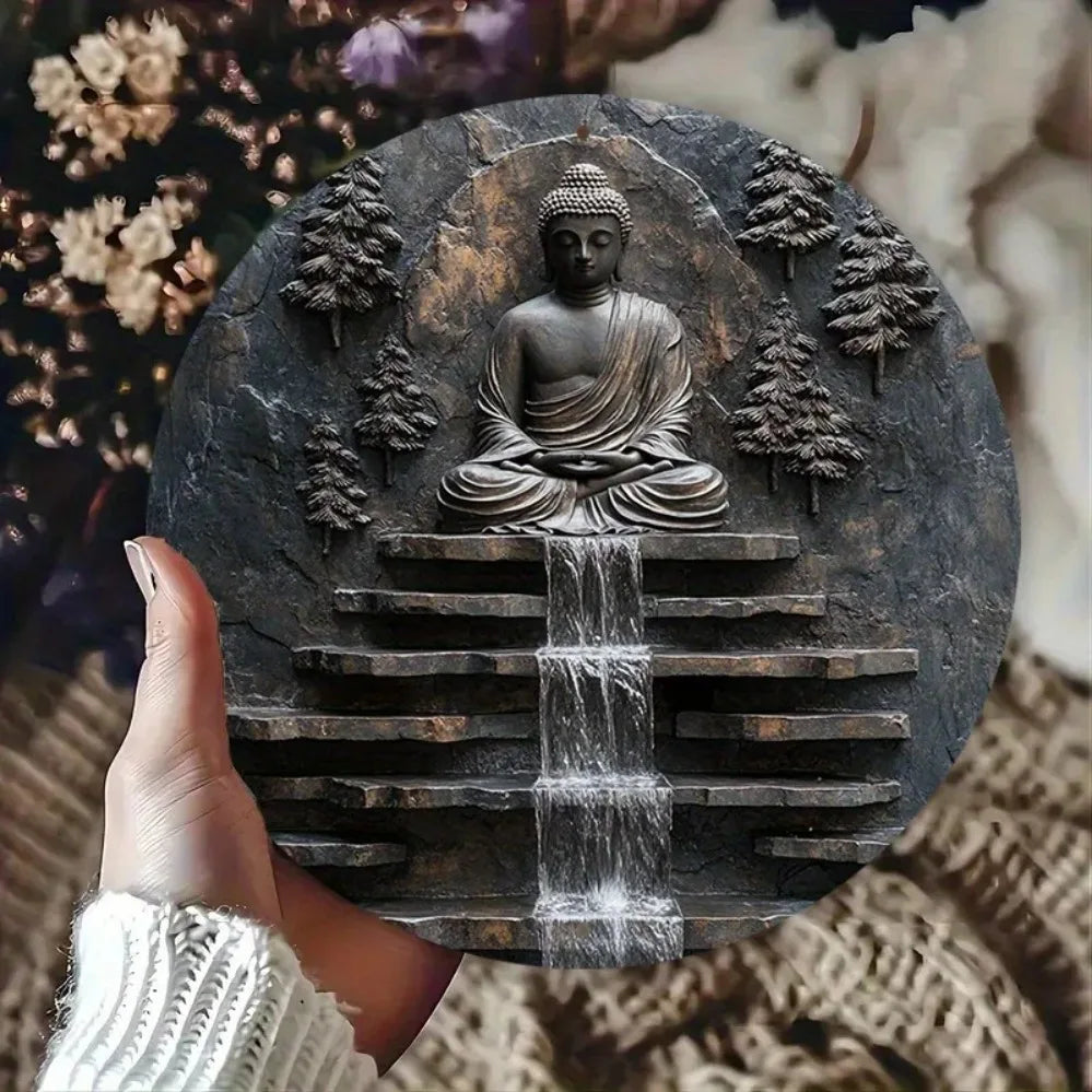 Vintage Metal Buddha Meditation Wall Art | Serene Monk & Waterfall Design | Outdoor Yard & Garden Zen Decor