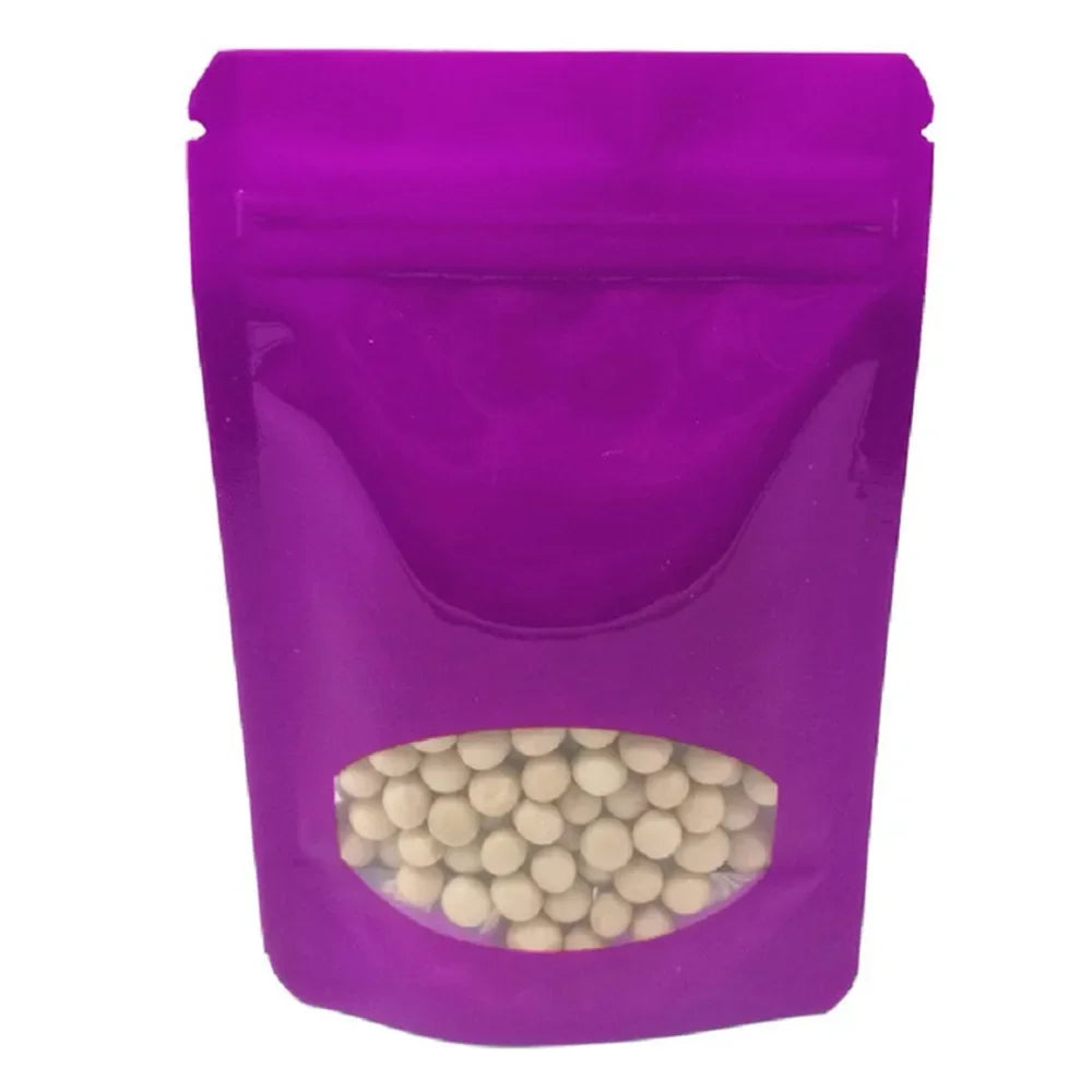 100Pcs Glossy Colors Aluminum Foil Stand Up Zip Lock Pouches with Clear Window Plastic Packaging Bag Gift Snacks Beans