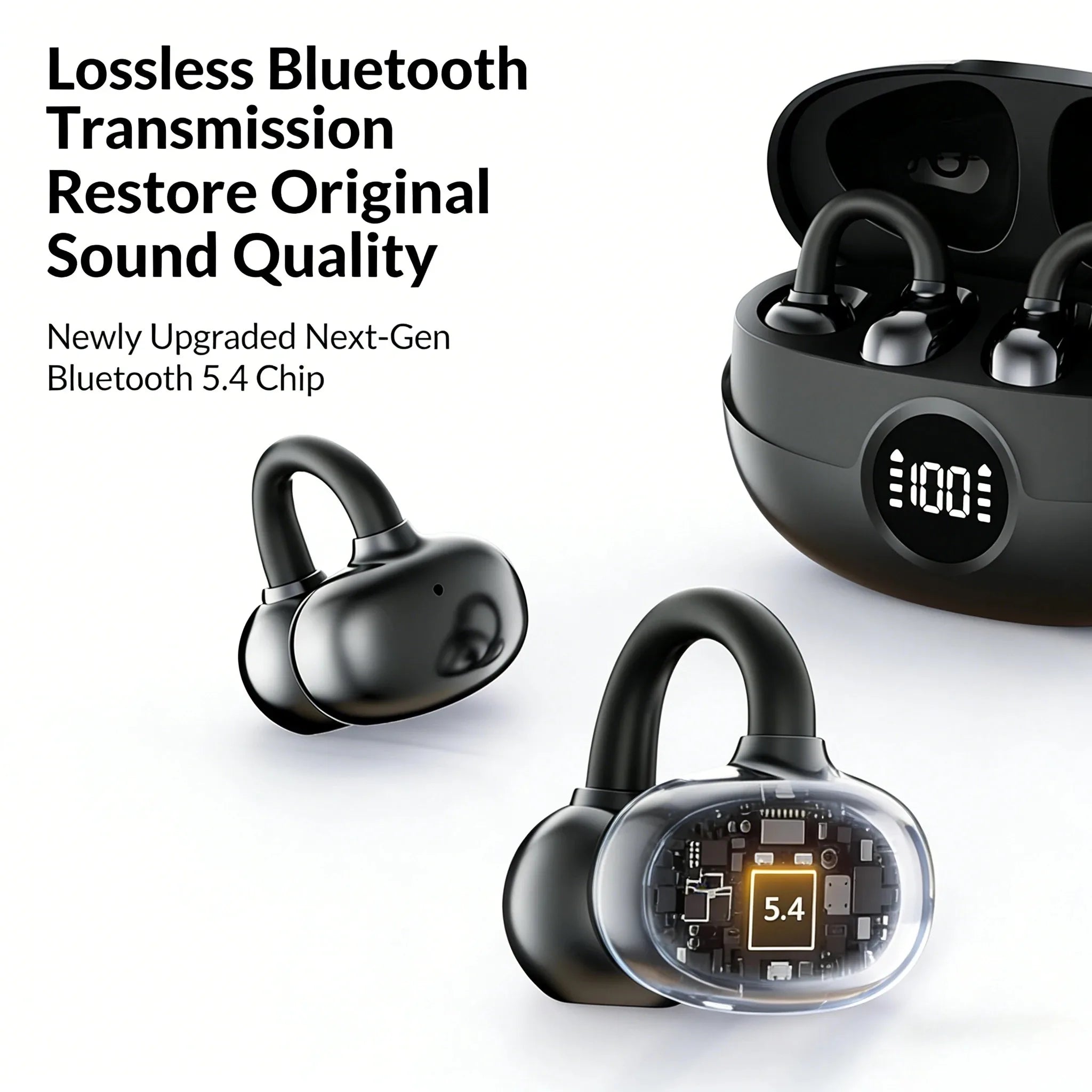 Wireless Clip-On Earbuds with Digital Power Display HiFi Sound Noise Cancelling Headphones Long Battery Life Built-in Microphone