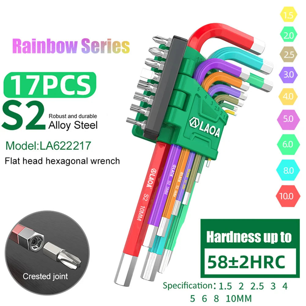 LAOA 9pcs Hexagonal Wrench Hanging Screwdriver With Screwdriver Bits Rainbow Ball Head Hexagonal Hand Tool