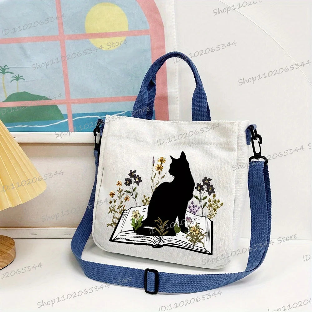 Wild Flower Book and Cat Print Canvas Handbag For Women Multi-Functional Lightweight Crossbody Bag Animal Bookworm Shoulder Bag