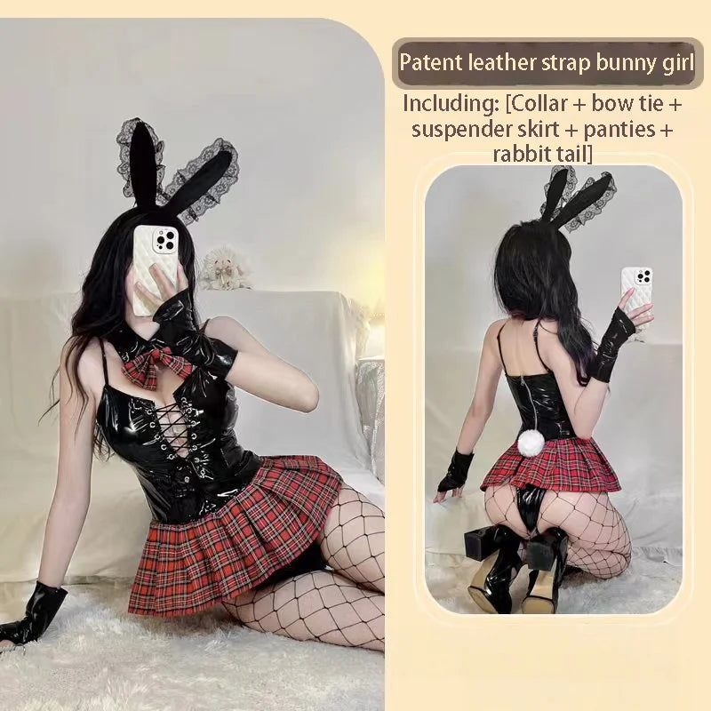 New sexy lingerie camisole patent leather red plaid skirt uniform bunny girl seduction straps student uniform leather jacket