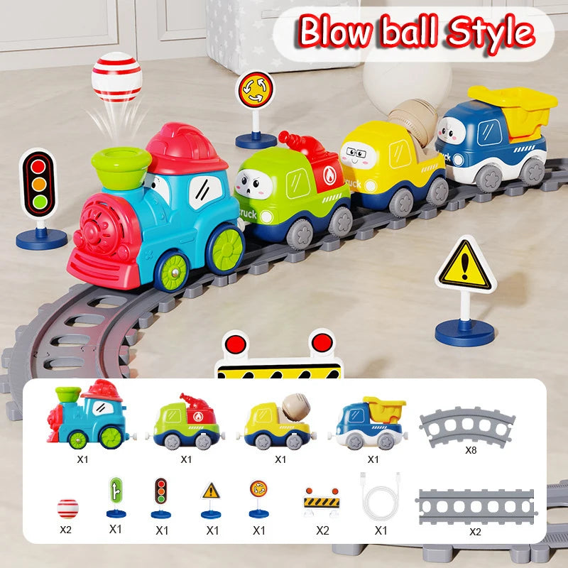 Steam Train Track Toys Electric Magnetic Blow Balls Cartoon Spray Car Models Sound Light Engineering Vehicles Children Toy Gifts