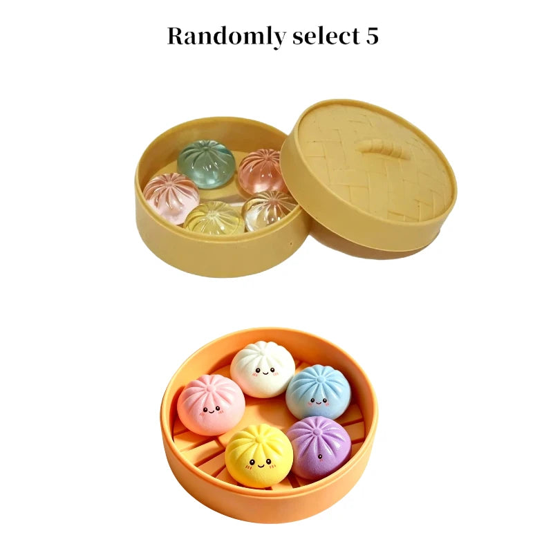 5Pcs Mini Dumplings with Steamer Bun Squeezable Toys Set Soft Stress Relief Crystal Squishy Fidget Sensory Toy Party Favors Gift